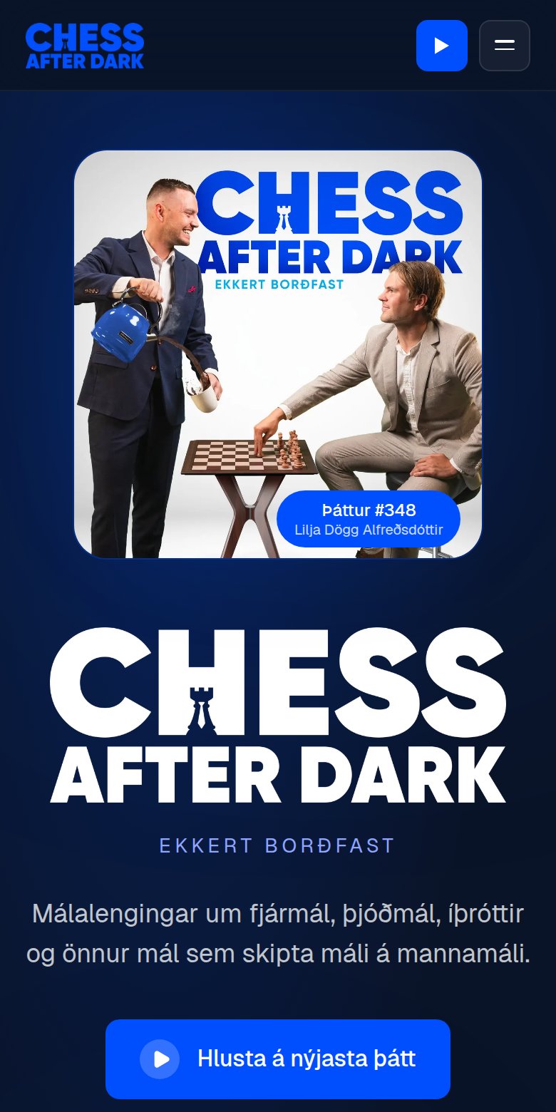 Forsíða Chess After Dark í síma — vefur hannaður og smíðaður af Briem